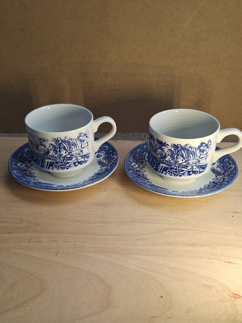 Vintage Churchill Currier & Ives Blue Mill Dam 2 Teacups & 2 Saucers Set England